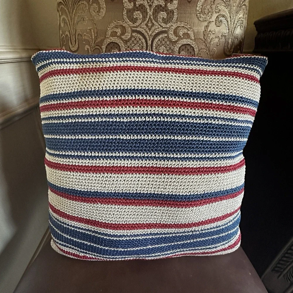 The SAK Home Square Crochet‎ Knit Pillows 17 Inch Blue Beige Red Set of 2 EUC